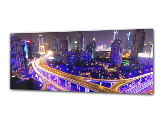 Glasdruck-Wandkunst – Bild auf Glas 125 x 50 cm (≈ 50” x 20”); Stadt bei Nacht 21