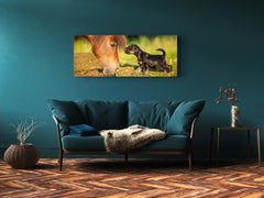 Glasdruck-Wandkunst – Bild auf Glas 125 x 50 cm (≈ 50” x 20”); Pferd & Hund