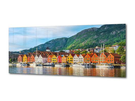 Impresión en vidrio de alta calidad. Disponible en 5 tamaños diferentes. Serie Ciudades 04: Edificios históricos en Bergen.