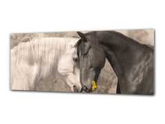 Arte mural con impresión en vidrio: imagen sobre vidrio de 125 x 50 cm (≈ 50” x 20”); Caballos enamorados