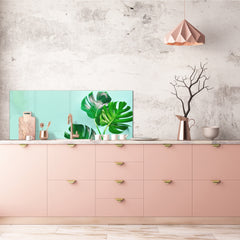 Stunning glass wall art - Wide format kitchen backsplash with and without metal back-coating - Tropical Leaves Series: Monstera summer leaves