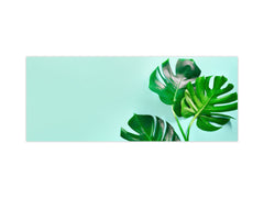 Stunning glass wall art - Wide format kitchen backsplash with and without metal back-coating - Tropical Leaves Series: Monstera summer leaves