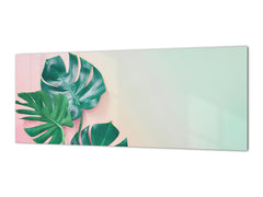 Impresionante arte de pared de vidrio - Salpicadero de cocina de gran formato con y sin revestimiento posterior de metal - Serie Hojas Tropicales: Monstera sobre fondo rosa