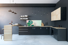 Impresionante arte de pared de vidrio - Salpicadero de cocina de gran formato con y sin revestimiento posterior de metal - Serie Hojas Tropicales: Monstera sobre fondo rosa