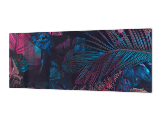 Stunning glass wall art - Wide format kitchen backsplash with and without metal back-coating - Tropical Leaves Series: Fluorescent jungle