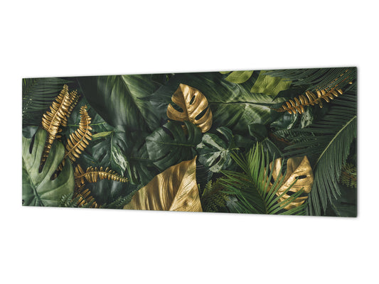 Stunning glass wall art - Wide format kitchen backsplash with and without metal back-coating - Tropical Leaves Series: Gold-green jungle