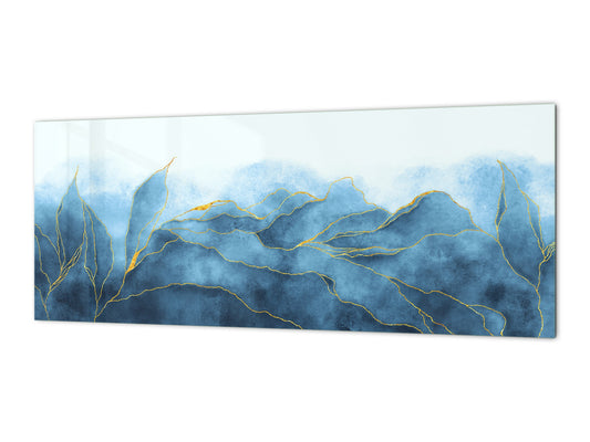 Design glass backsplash - Tempered Glass with or without magnetic properties Marbles 1 Series: Blue marble leaves