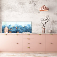 Design glass backsplash - Tempered Glass with or without magnetic properties Marbles 1 Series: Blue marble leaves