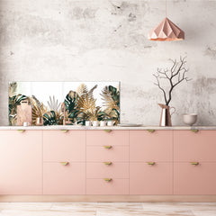 Stunning glass wall art - Wide format kitchen backsplash with and without metal back-coating - Tropical Leaves Series: Tropical pattern
