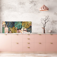 Stunning glass wall art - Wide format kitchen backsplash with and without metal back-coating - Tropical Leaves Series: Vector art