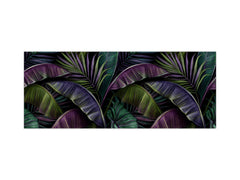 Stunning glass wall art - Wide format kitchen backsplash with and without metal back-coating - Tropical Leaves Series: Dark exotic pattern