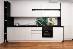 Contemporary glass kitchen panel - Wide format wall backsplash Colourful abstractions Series: Mesmerising golden powder