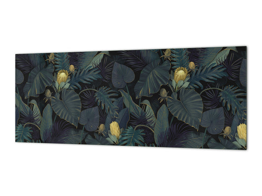 Stunning glass wall art - Wide format kitchen backsplash with and without metal back-coating - Tropical Leaves Series: Leafy wallpaper