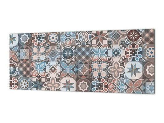 Printed glass horizontal splashback - Tempered Glass Wall Panel Cities Series BBS22: Vintage leaves and patterns Series: Spanish mosaic tiles