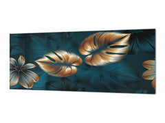 Stunning glass wall art - Wide format kitchen backsplash with and without metal back-coating - Tropical Leaves Series: Shining luxury leaves