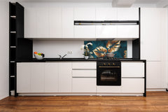 Stunning glass wall art - Wide format kitchen backsplash with and without metal back-coating - Tropical Leaves Series: Shining luxury leaves