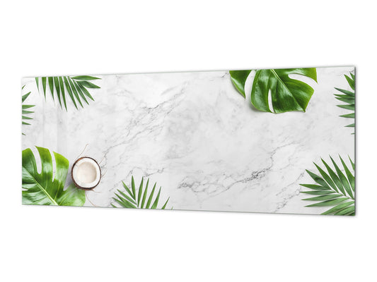 Stunning glass wall art - Wide format kitchen backsplash with and without metal back-coating - Tropical Leaves Series: Summer concept