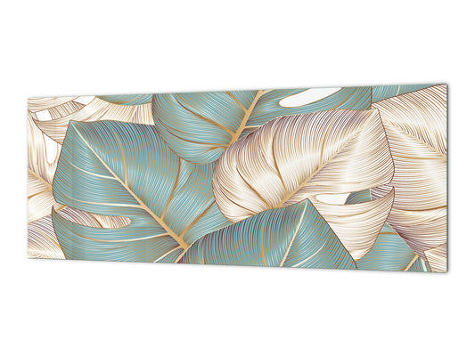 Stunning glass wall art - Wide format kitchen backsplash with and without metal back-coating - Tropical Leaves Series: Romantic monstera pattern