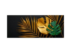 Stunning glass wall art - Wide format kitchen backsplash with and without metal back-coating - Tropical Leaves Series: Painted gold leaves