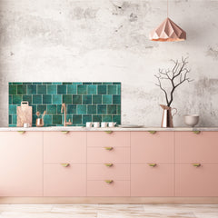 Toughened printed glass backsplash - Kitchen wall panel: Textures and tiles 1 Series Oxidized copper ornament: Green vintage ceramic tiles 1