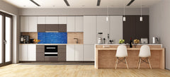 Toughened printed glass backsplash - Kitchen wall panel: Textures and tiles 1 Series Oxidized copper ornament: Blue brick background