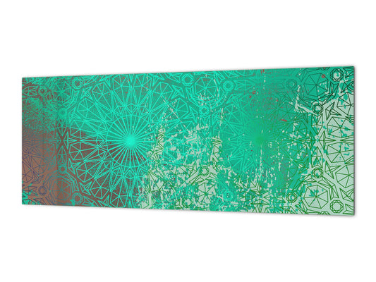 Stunning glass wall art - Wide format wall backsplash Rusted textures Series: Oxidized copper ornament