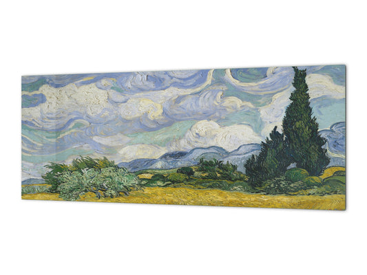 Toughened printed glass backsplash - Kitchen wall splashback will or without magnetic properties - Paintings Series: Wheat Field with Cypresses by Van Gogh