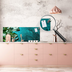 Stunning glass wall art - Wide format kitchen backsplash with and without metal back-coating - Tropical Leaves Series: Tropical leaves background