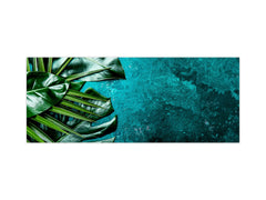 Stunning glass wall art - Wide format kitchen backsplash with and without metal back-coating - Tropical Leaves Series: Tropical leaves background