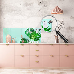 Stunning glass wall art - Wide format kitchen backsplash with and without metal back-coating - Tropical Leaves Series: Monstera summer leaves