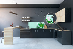 Stunning glass wall art - Wide format kitchen backsplash with and without metal back-coating - Tropical Leaves Series: Monstera summer leaves
