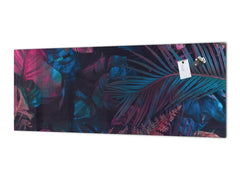Stunning glass wall art - Wide format kitchen backsplash with and without metal back-coating - Tropical Leaves Series: Fluorescent jungle
