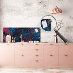 Stunning glass wall art - Wide format kitchen backsplash with and without metal back-coating - Tropical Leaves Series: Fluorescent jungle