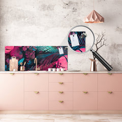 Printed glass horizontal splashback - Tempered Glass Wall Panel Cities Series BBS22: Vintage leaves and patterns Series: Abstract tropical leaves