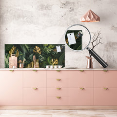 Stunning glass wall art - Wide format kitchen backsplash with and without metal back-coating - Tropical Leaves Series: Gold-green jungle