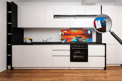 Toughened printed glass backsplash - Kitchen wall splashback will or without magnetic properties - Paintings Series: Canvas colourful cat