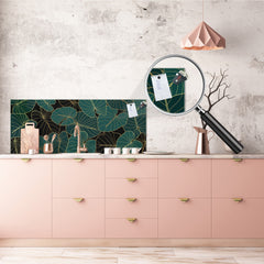 Stunning glass wall art - Wide format kitchen backsplash with and without metal back-coating - Tropical Leaves Series: Art deco wallpaper 1