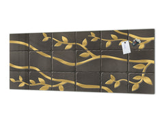 Toughened printed glass backsplash - Kitchen wall panel: Textures and tiles 1 Series Oxidized copper ornament: Golden branches on a dark background