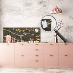 Toughened printed glass backsplash - Kitchen wall panel: Textures and tiles 1 Series Oxidized copper ornament: Golden branches on a dark background