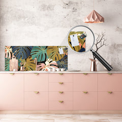 Stunning glass wall art - Wide format kitchen backsplash with and without metal back-coating - Tropical Leaves Series: Vector art