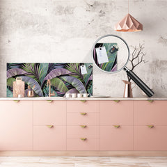 Stunning glass wall art - Wide format kitchen backsplash with and without metal back-coating - Tropical Leaves Series: Exotic pattern 2