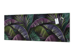 Stunning glass wall art - Wide format kitchen backsplash with and without metal back-coating - Tropical Leaves Series: Dark exotic pattern