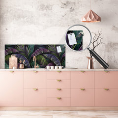 Stunning glass wall art - Wide format kitchen backsplash with and without metal back-coating - Tropical Leaves Series: Dark exotic pattern