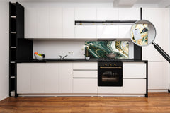 Contemporary glass kitchen panel - Wide format wall backsplash Colourful abstractions Series: Mesmerising golden powder