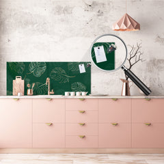 Stunning glass wall art - Wide format kitchen backsplash with and without metal back-coating - Tropical Leaves Series: Modern monstera leaves