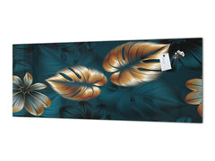 Stunning glass wall art - Wide format kitchen backsplash with and without metal back-coating - Tropical Leaves Series: Shining luxury leaves