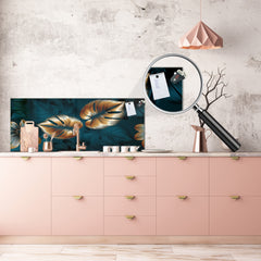 Stunning glass wall art - Wide format kitchen backsplash with and without metal back-coating - Tropical Leaves Series: Shining luxury leaves