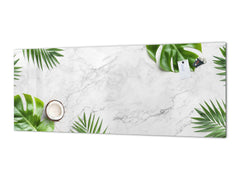 Stunning glass wall art - Wide format kitchen backsplash with and without metal back-coating - Tropical Leaves Series: Summer concept