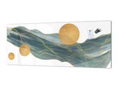 Printed glass horizontal splashback - Tempered Glass Wall Panel Cities Series BBS22: Vintage leaves and patterns Series: Gold abstract lines