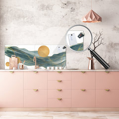 Printed glass horizontal splashback - Tempered Glass Wall Panel Cities Series BBS22: Vintage leaves and patterns Series: Gold abstract lines